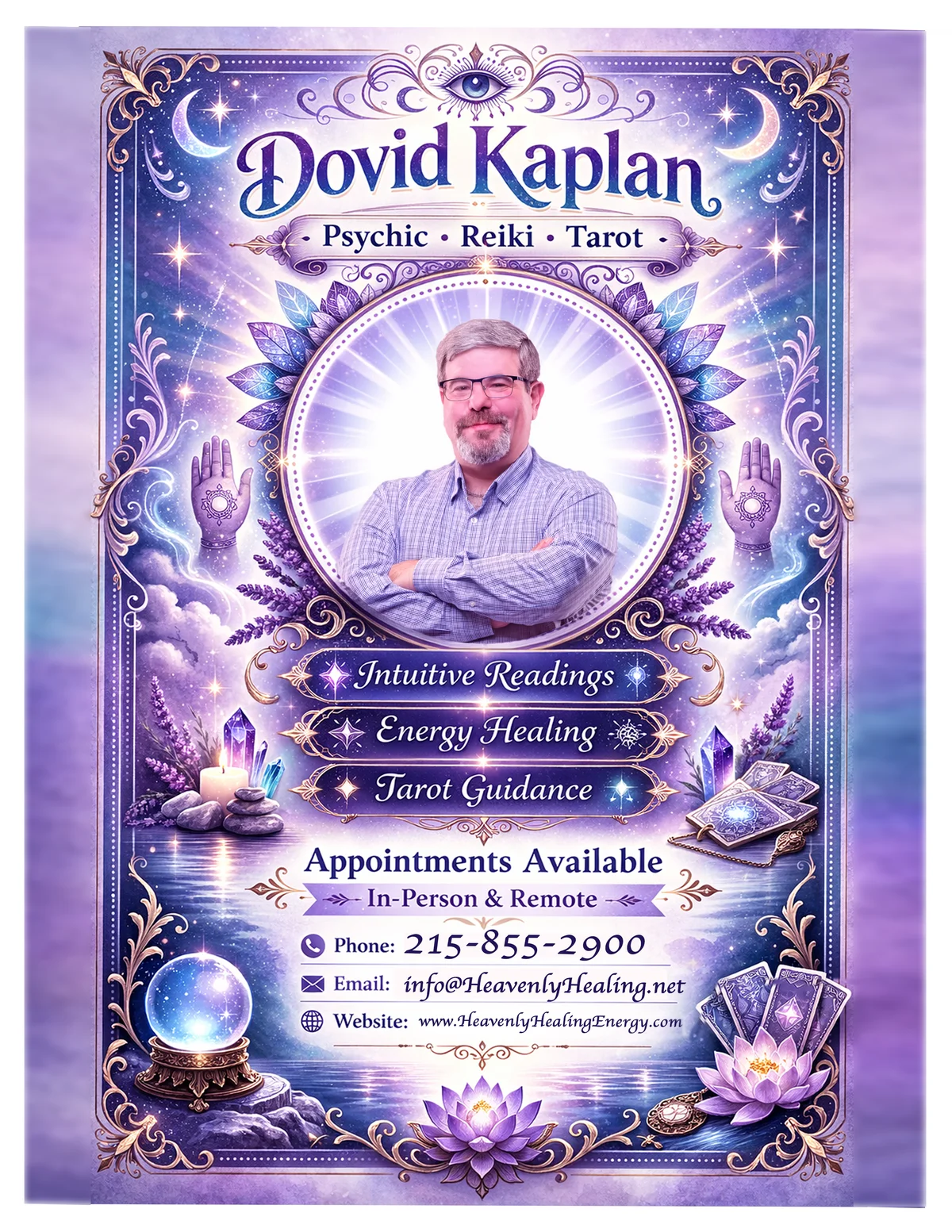 Dovid Kaplan — Psychic, Reiki, and Tarot services promotional flyer with mystical purple design featuring crystals, tarot cards, and celestial imagery